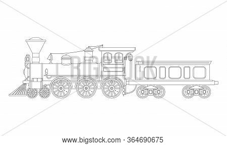 Contour Vintage Steam Locomotive In Retro Style. Vector Illustration