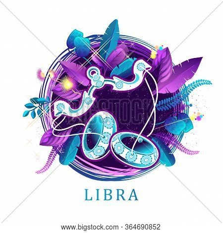 Vector Illustration Of Magic Horoscope Sign Libra Style Of The 60s, Bright Hippie Art Isolated On Wh