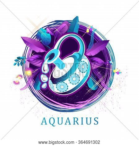 Vector Illustration Of Magic Horoscope Sign Aquarius Style Of The 60s, Bright Hippie Art Isolated On