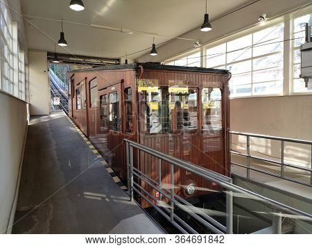 Stuttgart, Germny - November 10, 2019: Ancient Brown Funicular Cable Car In The Lower Station In The