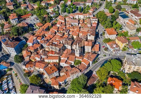 Croatia, Adriatic Coast, Beautiful Old Town Of Lovran, Historic Center And Coastline Aerial Overhead
