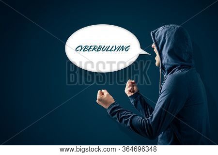 Cyberbullying Problem Concept. Person With Aggressive Expression And Gesture And Comix Bubble With T