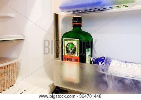 Jagermeister Liquor In The Freezer. Storage Of A German Alcoholic Drink In The Refrigerator At Home.