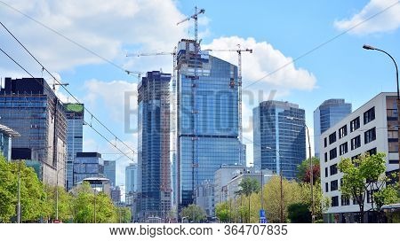 Warsaw, Poland. 4 May 2020. Roundabout Daszynski. New Skyscrapers In The Financial District Of Downt