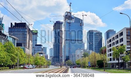 Warsaw, Poland. 4 May 2020. Roundabout Daszynski. New Skyscrapers In The Financial District Of Downt