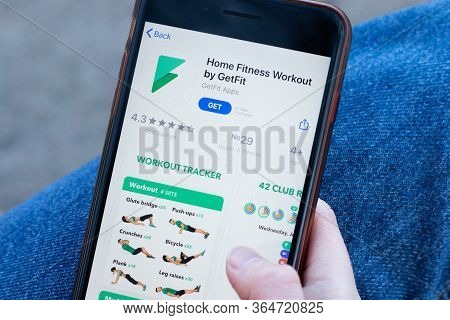 New York, Usa - 1 May 2020: Home Fitness Workout By Getfit App Logo Close-up On Phone Screen, Illust