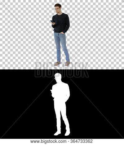 Man With Glasses Suffering With Cough And Using His Phone, Alpha Channel