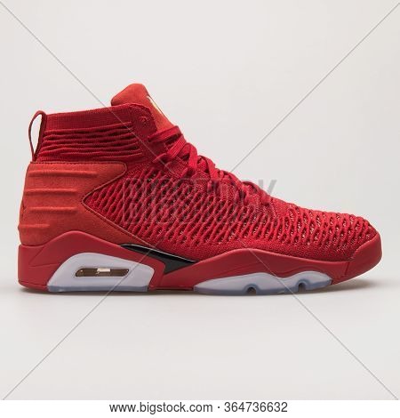 Vienna, Austria - May 27, 2018: Nike Air Jordan Flyknit Elevation 23 Red Sneaker On White Background