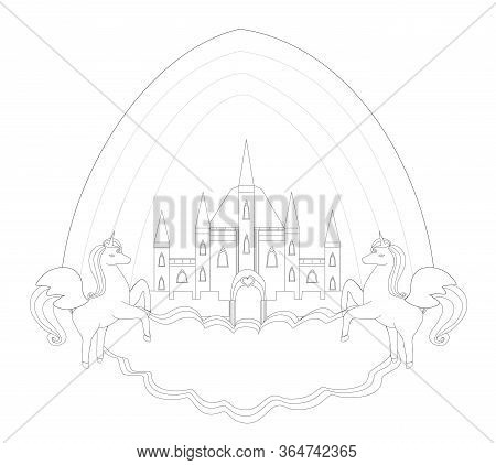 Fairytale Castle Frame And Flying Unicorns Coloring Book , Illustration