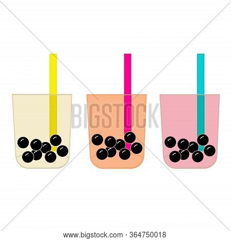 Bubble Tea Cups Drawing Set. Boba Tea Drinks Illustration