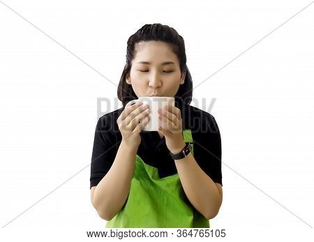 Asian Girl Model Holding Coffee Cup And Drinking On Isolated Background (include Path)