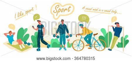 Young Men Sport Activity. Man Ride Bicycle,rollerblading, Doing Pull-ups,lifting Dumbells,pump Press