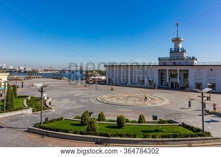 Kiev , Ukraine - August 30, 2019 : Dniepr river port aera skyline cityscape