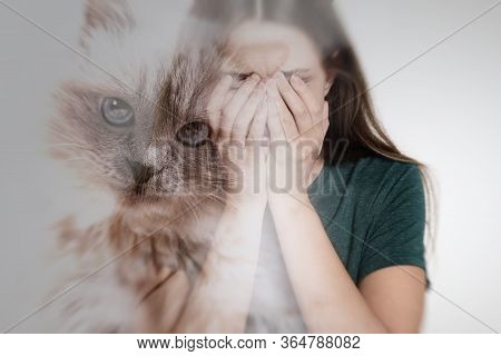 Woman Suffering From Ailurophobia On White Background. Irrational Fear Of Cats
