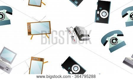 Seamless Pattern Of Retro Old Hipster Electronic Devices Technology Computers Cassettes Tape Recorde