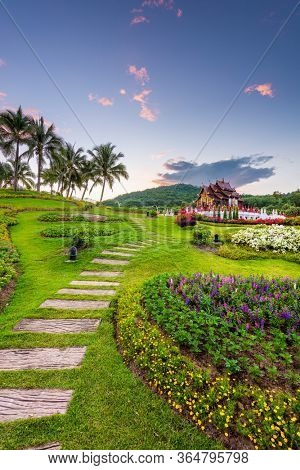 Chiang Mai, Thailand at Royal Flora Ratchaphruek Park at dusk.