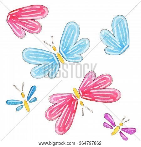 Watercolor Illustration. Set Of Pink And Blue Butterflies On A White Background.