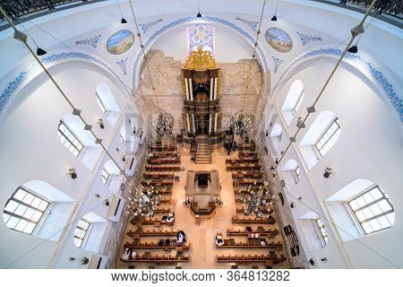 JERUSALEM, ISRAEL - JULY 16, 2018: Hurva interiors - historic synagogue in Jewish Quarter of the Old City of Jerusalem, destroyed during the fighting in ArabâIsraeli War and rebuilt in 2010.