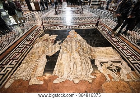 Siena, Italy - 13, March, 2018: Horizontal Picture Of An Amazing Artwork On The Marble Floor Of Sien