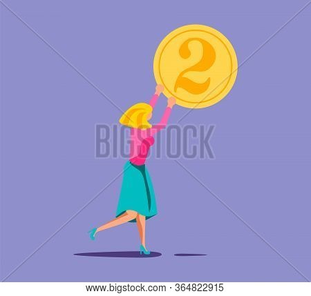 Young Woman Holds A Coin Two Cents. Put My Two Cents In Or Cash Back Rewards Metaphor. Isolated On P