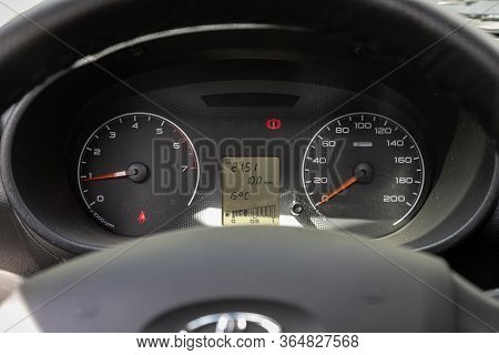 Novosibirsk/ Russia - May 02 2020: Lada Granta, Close Up Instrument Automobile Panel With Odometer, 