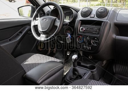 Novosibirsk/ Russia - May 02 2020: Lada Granta, Close-up Of The Dashboard, Player, Steering Wheel, A