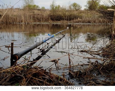 Freshwater Angling With Rods Beside A Lake.