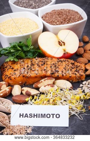 Inscription Hashimoto With Best Nutritious Food For Healthy Thyroid. Natural Eating Containing Vitam