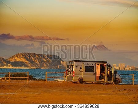 Alicante, Spain - December 5, 2019: Camper Van Wild Camping On Mediterranean Coast Near Alacant City