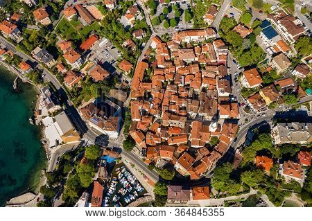 Croatia, Adriatic Coast, Beautiful Old Town Of Lovran, Historic Center And Coastline Aerial Overhead