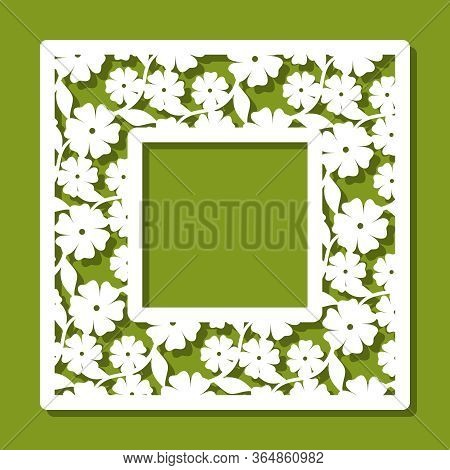 Square Photo Frame With Floral Pattern. White Object On A Green Background. Template For Laser Cutti