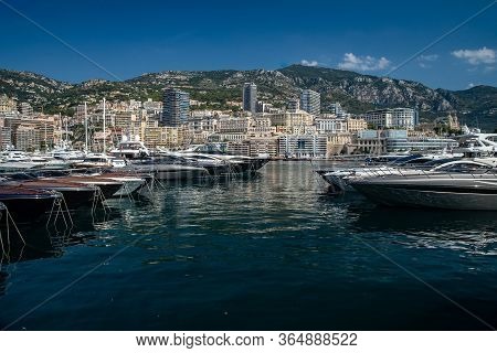 Monaco, Monte-carlo, 06 August 2018: Tranquillity In Port Hercules, Is The Parked Boats, Sunny Day, 