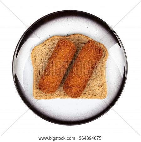 Brown Crusty Dutch Kroketten On A Piece Of Bread, Isolated On A White Background