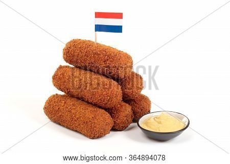 Brown Crusty Dutch Kroketten With Dutch Flag, Isolated On A White Background