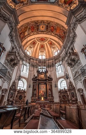 Feb 4, 2020 - Salzburg, Austria:ultrawide View Of Dome Over Pews Inside Salzburg Cathedral