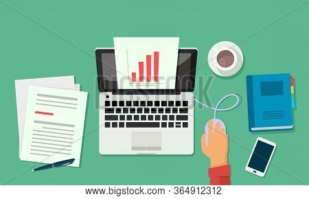 Vector Illustration Of A Businessman Accessing Company Profit Reports Via A Laptop That Displays A S