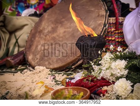Celebration On The Beach Of Young Girl Hippies. Sacred Music And Ancestral Instruments. Spiritual Ce