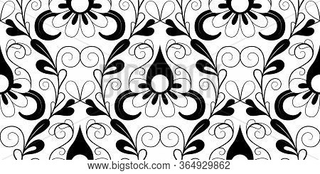 Seamless Monochrome Floral Ornamental Pattern. Vector Illustration. Black And White Graphic Backgrou