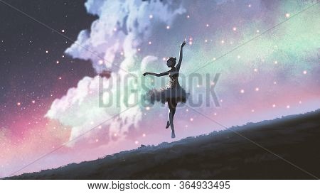 A Ballerina Dancing With Fireflies On The Hill Against The Night Sky, Digital Art Style, Illustratio