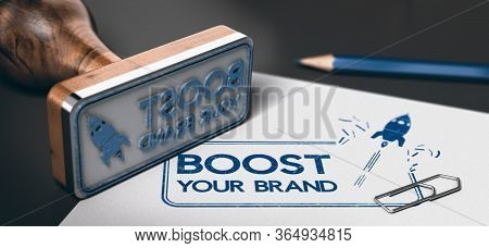 Rubber Stamp With The Text Boost Your Brand And A Rocket Symbol Printed On A Sheet Of Paper. Concept