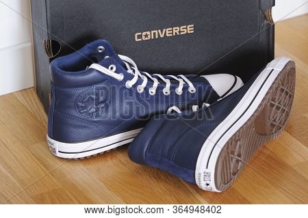 Belarus, Brest - June 27, 2019: Leather Blue Sneakersconverse All Star Sneakers.