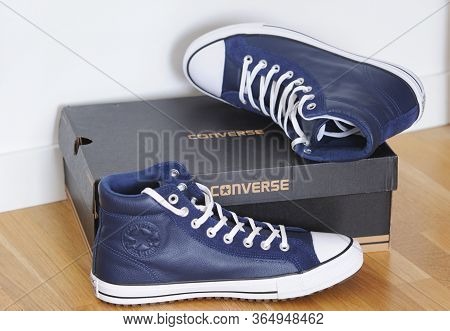 Belarus, Brest - June 27, 2019: Leather Blue Sneakersconverse All Star Sneakers.