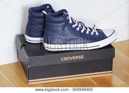 Belarus, Brest - June 27, 2019: Leather Blue Sneakersconverse All Star Sneakers.