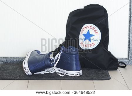 Belarus, Brest - June 27, 2019: Leather Blue Sneakersconverse All Star Sneakers.