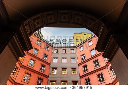 Berlin, Germany - July 29, 2019: Courtyard Of The Colorful Residential Buildings In Quartier Schutze