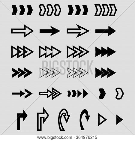 Black Ideal Arrows Collection. Set On Grey Background. Vector Pointers Collection. Back, Next Web Pa