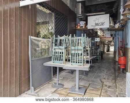Thessaloniki, Greece - May 6 2020: Empty Indoors Seating Restaurants Affect Business. Closed Taverns
