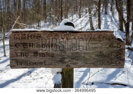 Meigs Mountain Trail Sign With Snow In Smokies