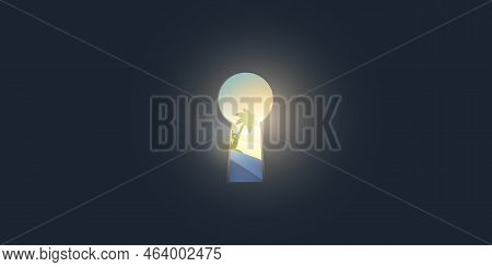 Hope, Curiosity, Dreaming Or New Idea Concept - Key Hole Shaped Exit On Dark Blue Wall, Sun Light, P