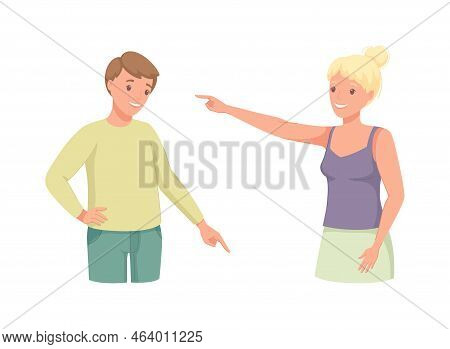 Man And Woman Character Indicating Something Pointing With Index Finger As Hand Gesture Vector Set